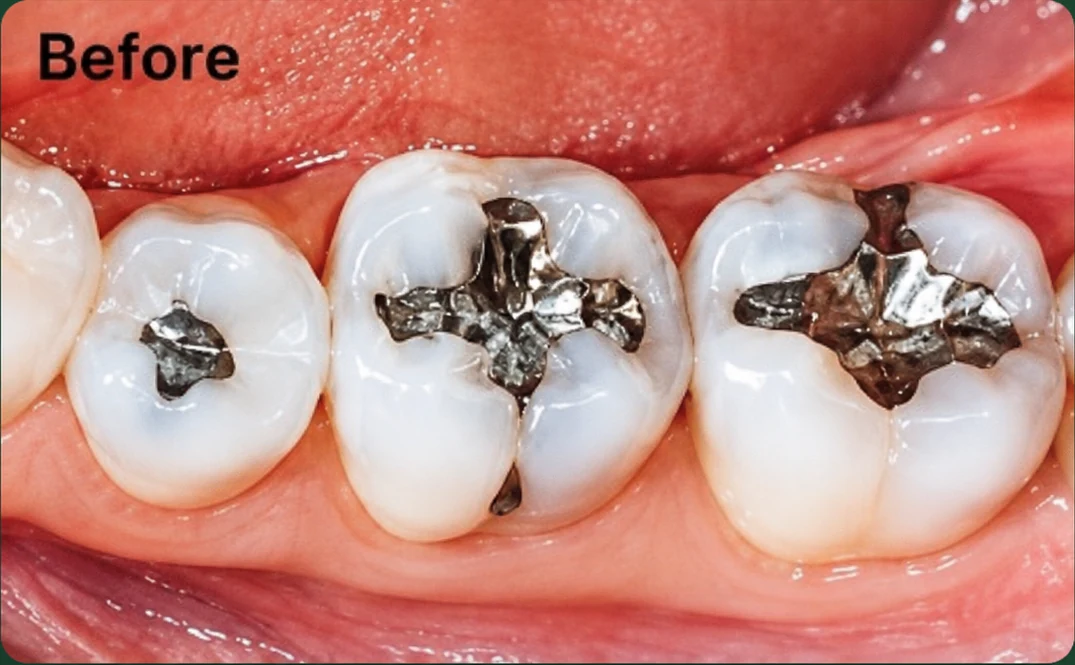 A tooth with old metal fillings, before CEREC treatment