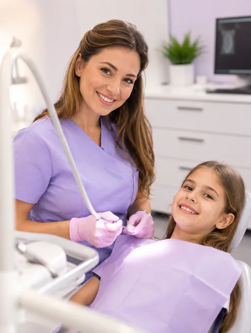 Dental hygienist with young patient at dental office