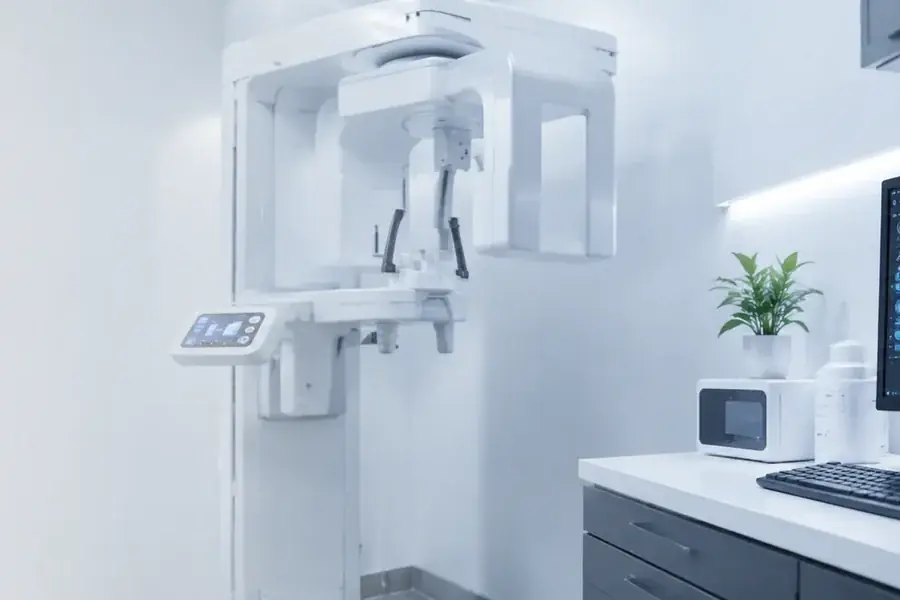 The CBCT 3D imaging unit in the Woolbert Dental office, with a scan on the monitor beside it